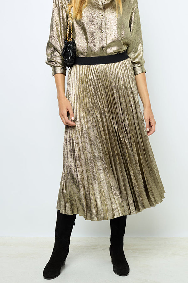 CHIRAZE GOLD TONE PLEATED MIDI SKIRT