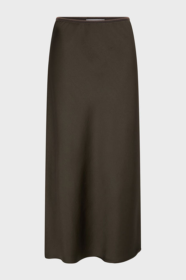 CLEMENCE KAKI SATIN MIDI SKIRT