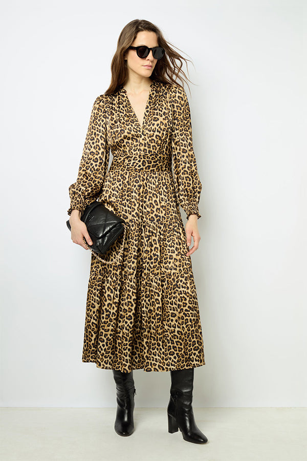 SANNA SATIN LEOPARD PRINT MIDI DRESS