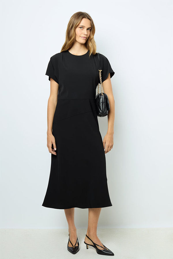 SERGINA BLACK PLAIN WAISTED MIDI DRESS