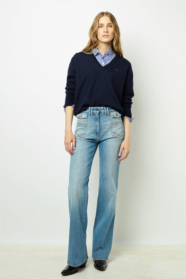 JULIETTE BLUE FINE WOOL VNECK SWEATER