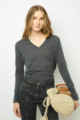 JULIETTE GREY FINE WOOL V-NECK SWEATER