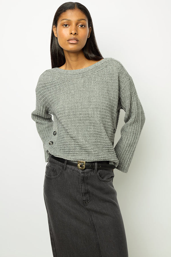 JOLINE GREY BUTTON BOAT NECK SWEATER