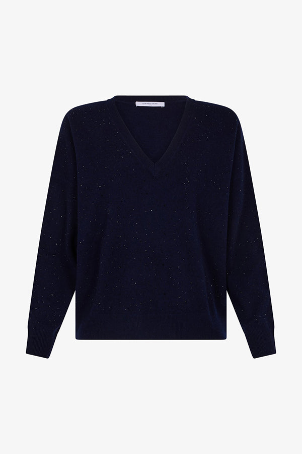 JOHANNE NAVY RHINESTONE V-NECK SWEATER