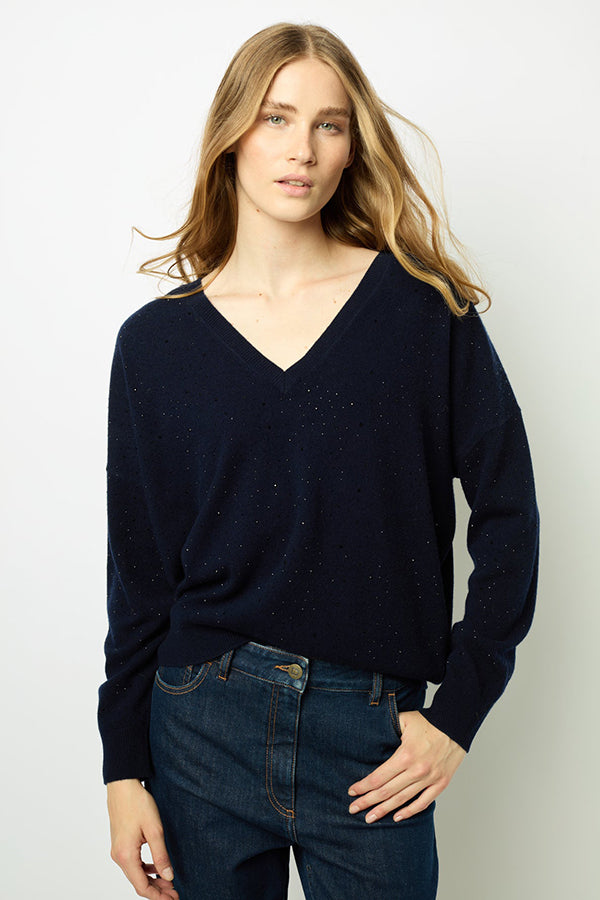 JOHANNE NAVY RHINESTONE V-NECK SWEATER