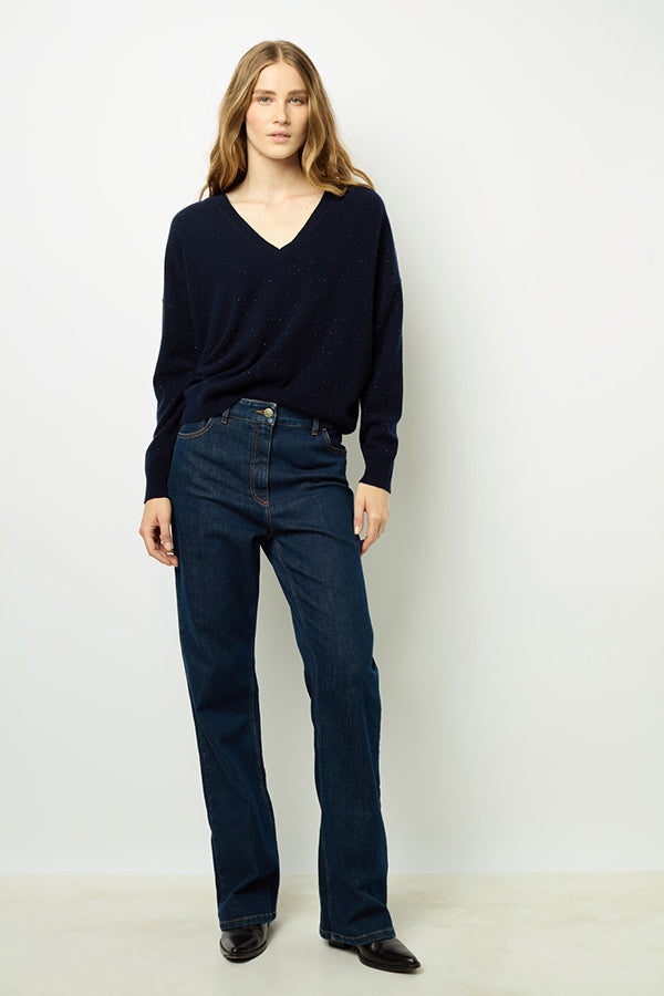 JOHANNE NAVY RHINESTONE V-NECK SWEATER