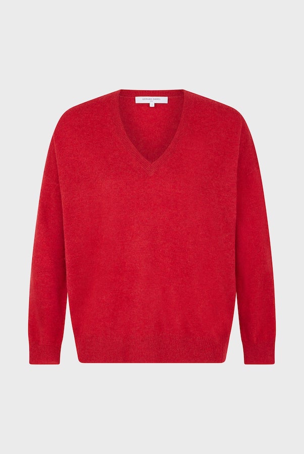 JANETTE RED VNECK CASHMERE SWEATER