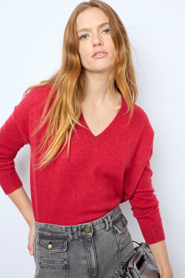 JANETTE RED VNECK CASHMERE SWEATER