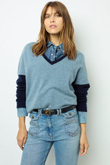 JALYA BLUE COLOR BLOCK CASHMERE VNECK SWEATER