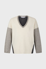 JALYA GREY COLOR BLOCK CASHMERE VNECK SWEATER