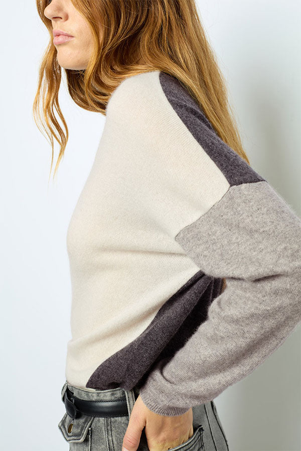 JALYA GREY COLOR BLOCK CASHMERE VNECK SWEATER