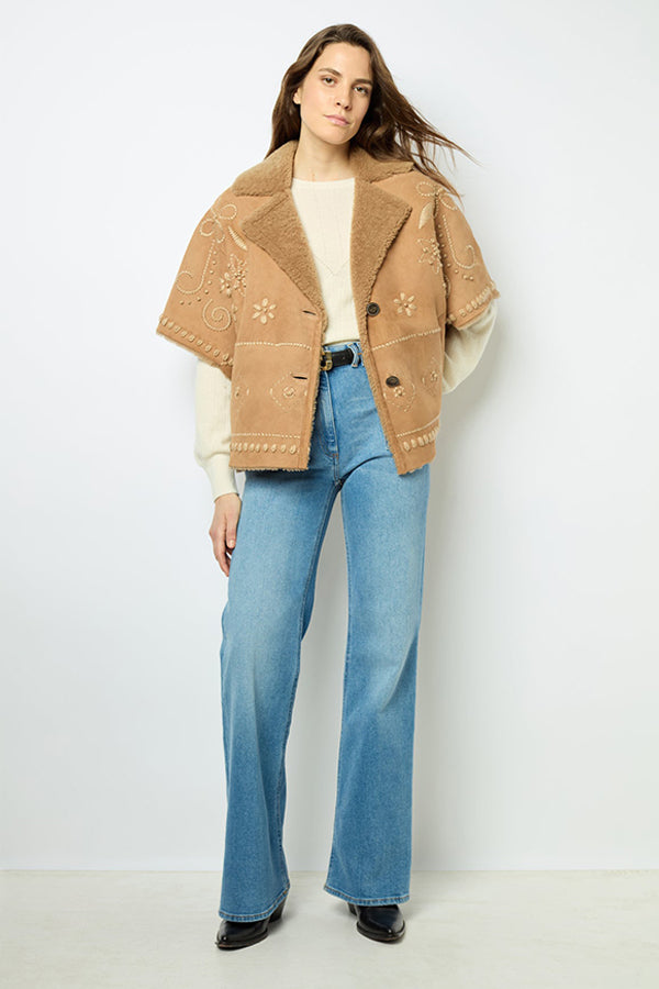 LYSIANNA EMBROIDERED SHEARLING SHORT JACKET