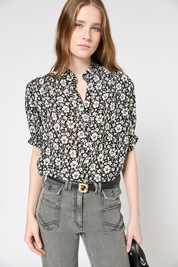 URENE RUFFLED TWO TONE BLACK FLORAL BLOUSE