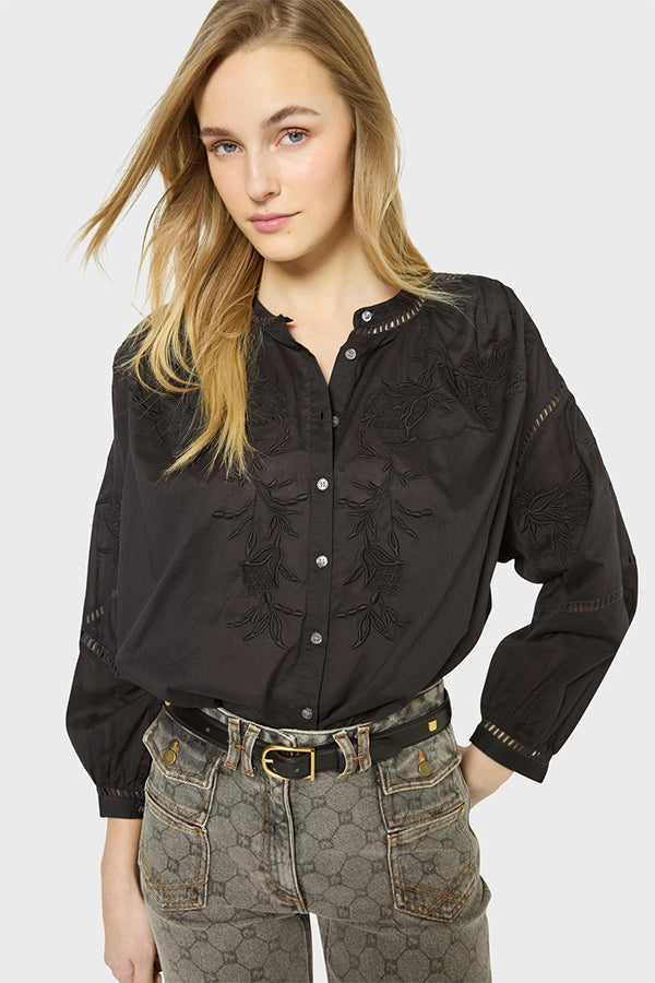 UCILLE BLACK EMBROIDERED COTTON VOILE SHIRT