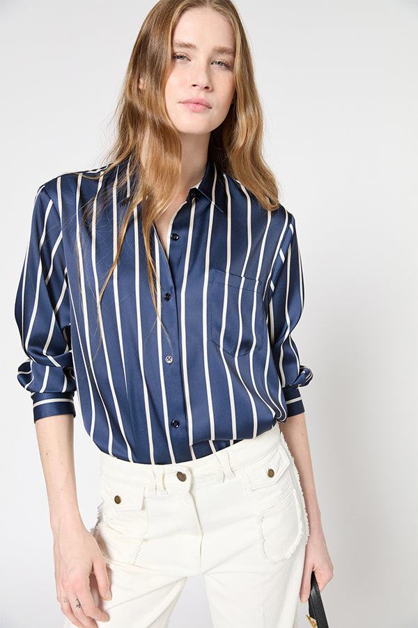 UDELIA NAVY STRIPED SATIN FEEL SHIRT