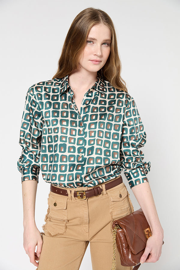 UMAYA GREEN GEOMETRIC PRINT SHINY SHIRT