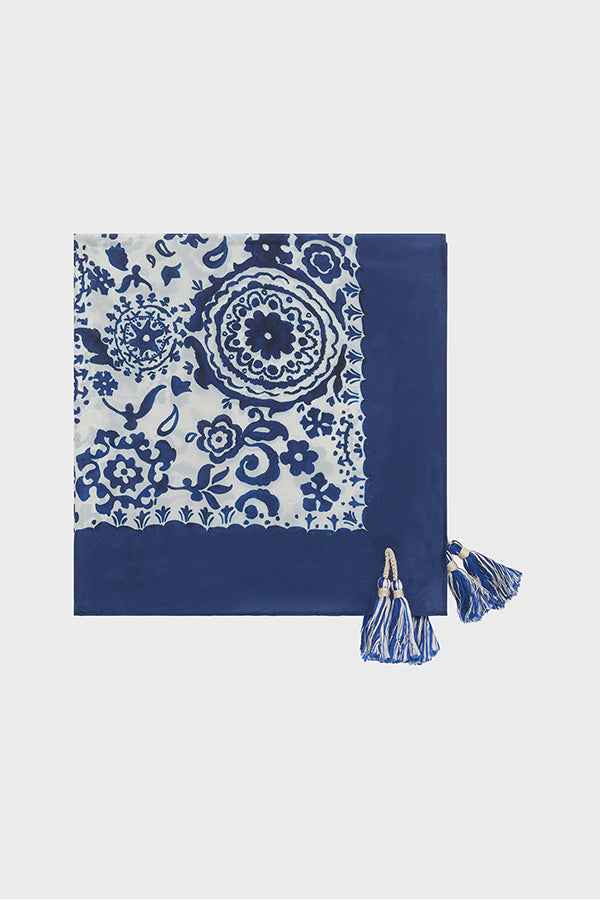 ORPHEE INDIGO SILK PRINTED LARGE SQUARE SCARF