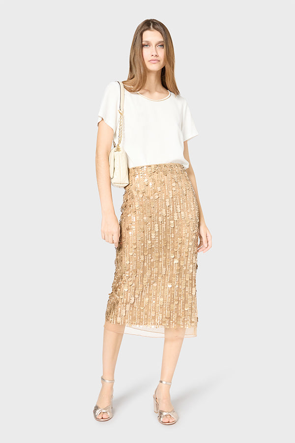 VELLIA CAMEL SEQUINED VOILE STRAIGHT SKIRT