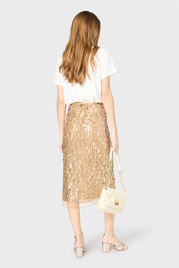 VELLIA CAMEL SEQUINED VOILE STRAIGHT SKIRT