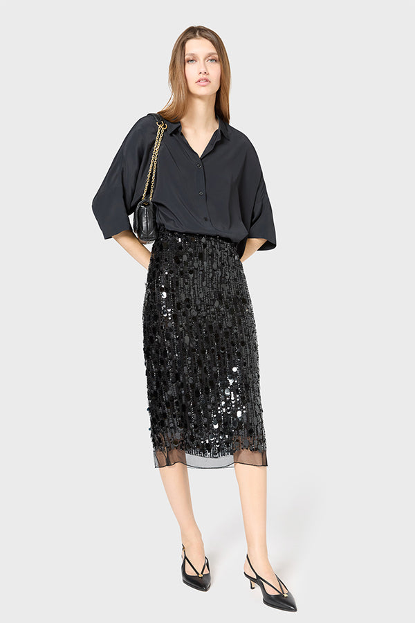 VELLIA BLACK SEQUINED VOILE STRAIGHT SKIRT