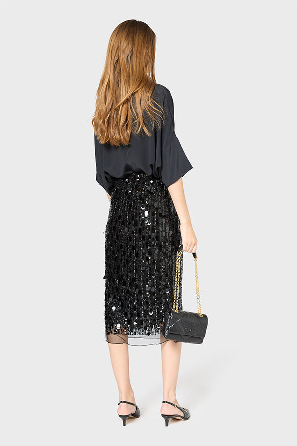 VELLIA BLACK SEQUINED VOILE STRAIGHT SKIRT