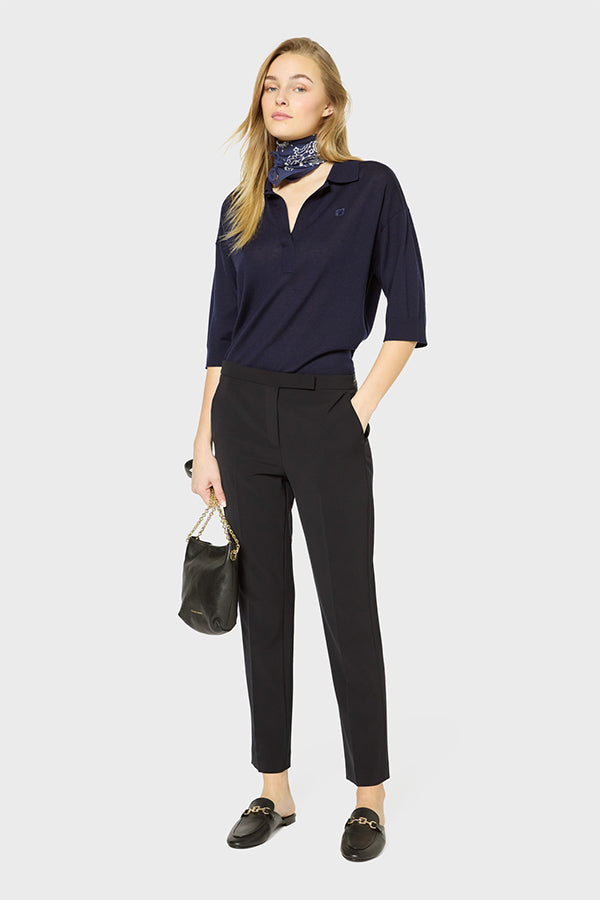 LIANA NAVY ELASTICATED BACK STRAIGHT TROUSERS