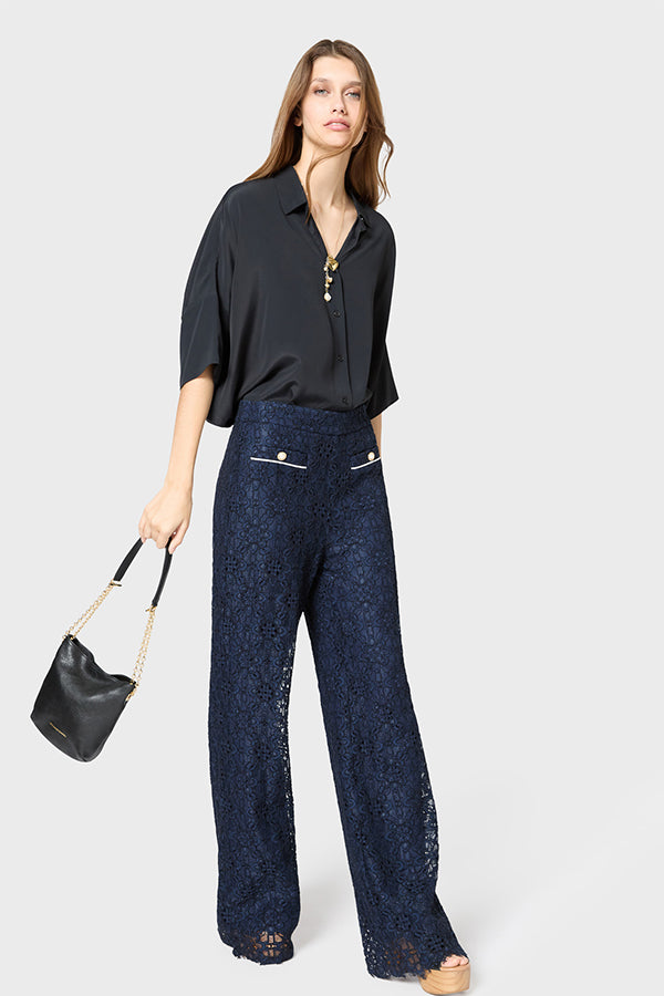 LOUNA NAVY WIDE-LEG LACE TROUSERS