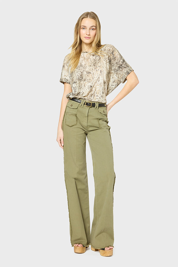 ANNA FRINGED KHAKI FLARED JEANS