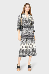 PETUNIA GRAPHIC PATTERN FITTED MIDI DRESS