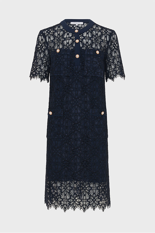 PLACIDIE NAVY STRAIGHT MINI LACE DRESS