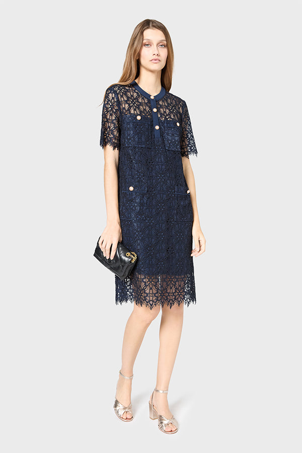 PLACIDIE NAVY STRAIGHT MINI LACE DRESS