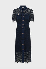 PERLE NAVY WAISTED MIDI LACE DRESS