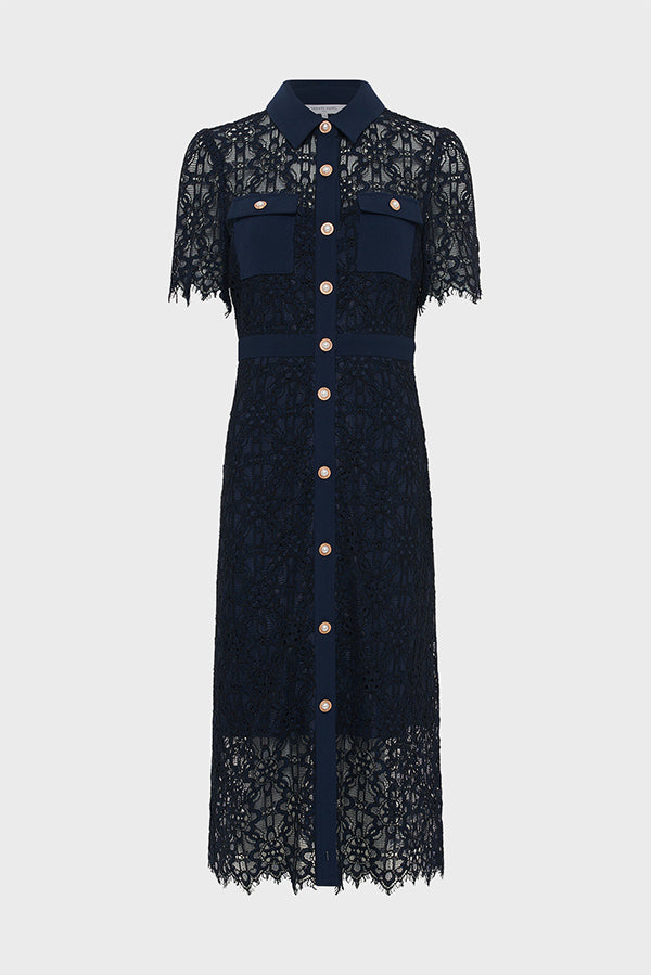 PERLE NAVY WAISTED MIDI LACE DRESS