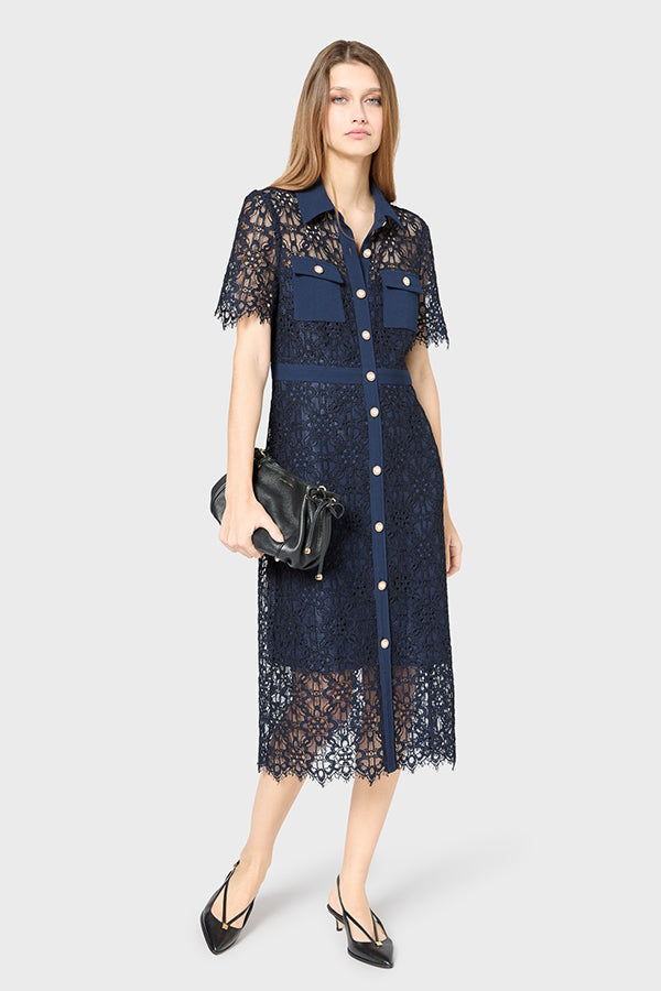 PERLE NAVY WAISTED MIDI LACE DRESS