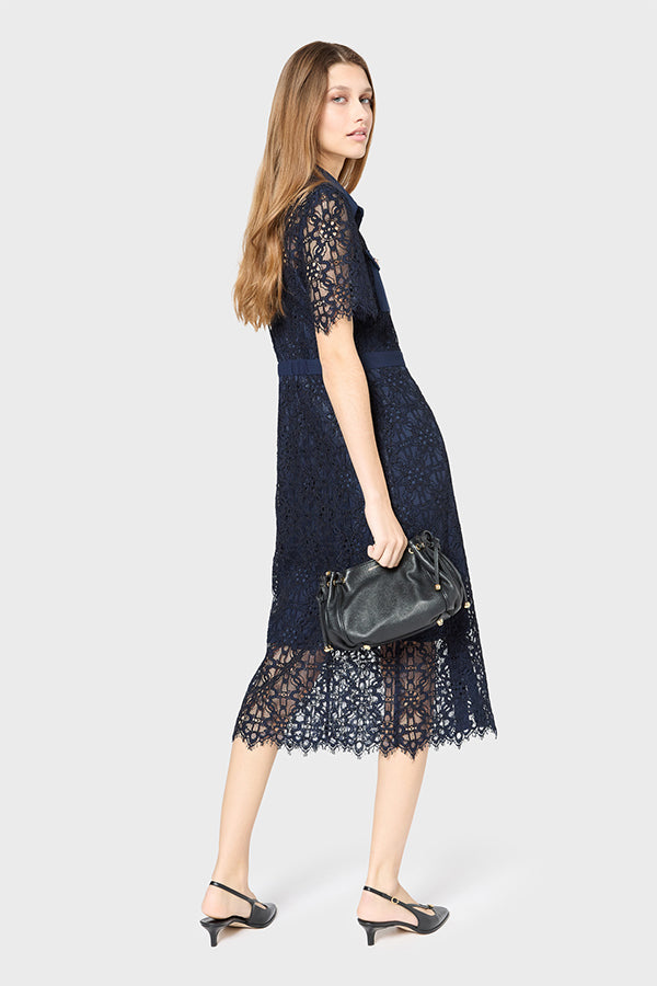 PERLE NAVY WAISTED MIDI LACE DRESS