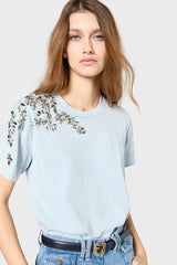 GWENN BLUE JEWELLED SHOULDER COTTON T-SHIRT