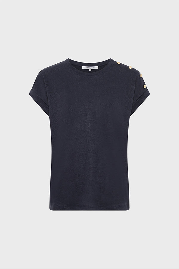 GIGI NAVY GOLD-TONE BUTTONS LINEN T-SHIRT