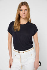 GIGI NAVY GOLD-TONE BUTTONS LINEN T-SHIRT