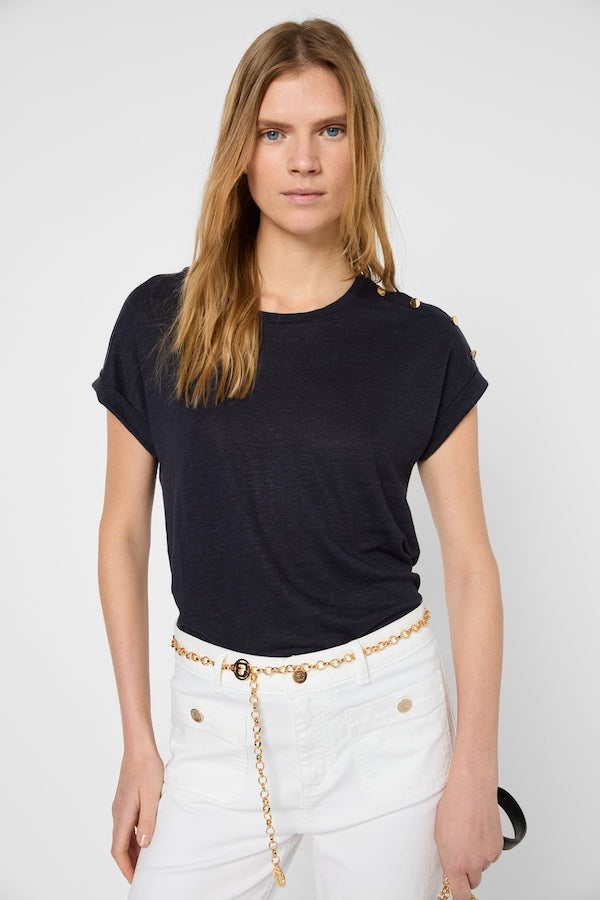 GIGI NAVY GOLD-TONE BUTTONS LINEN T-SHIRT