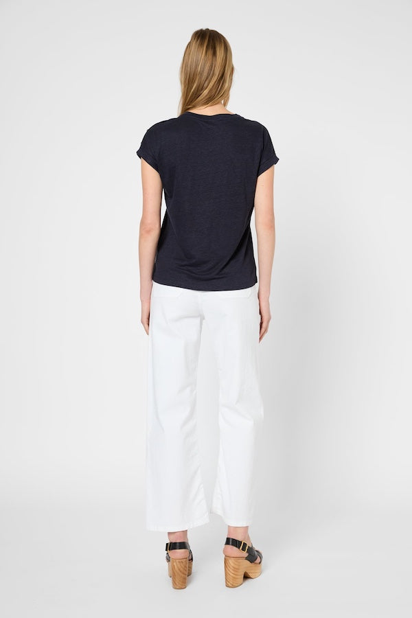 GIGI NAVY GOLD-TONE BUTTONS LINEN T-SHIRT