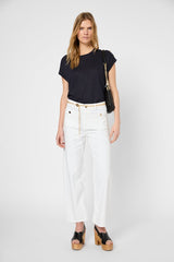 GIGI NAVY GOLD-TONE BUTTONS LINEN T-SHIRT