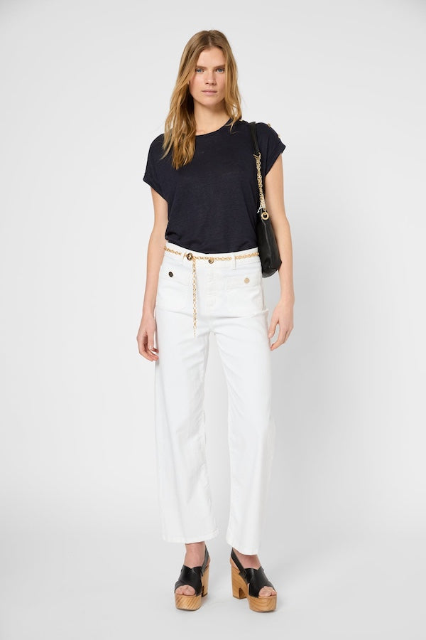GIGI NAVY GOLD-TONE BUTTONS LINEN T-SHIRT