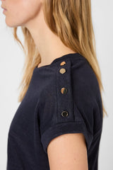 GIGI NAVY GOLD-TONE BUTTONS LINEN T-SHIRT
