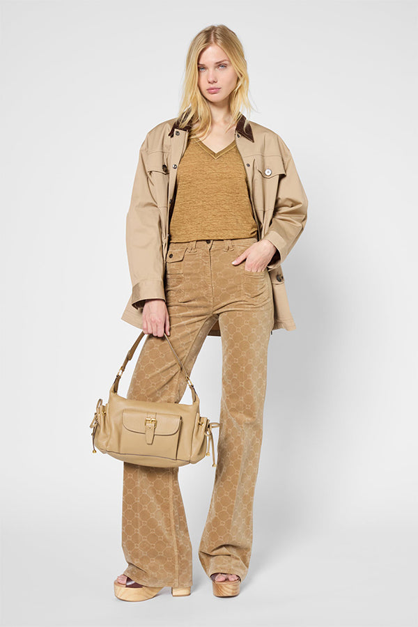 GRETA CAMEL LINEN LOOSE V-NECK T-SHIRT