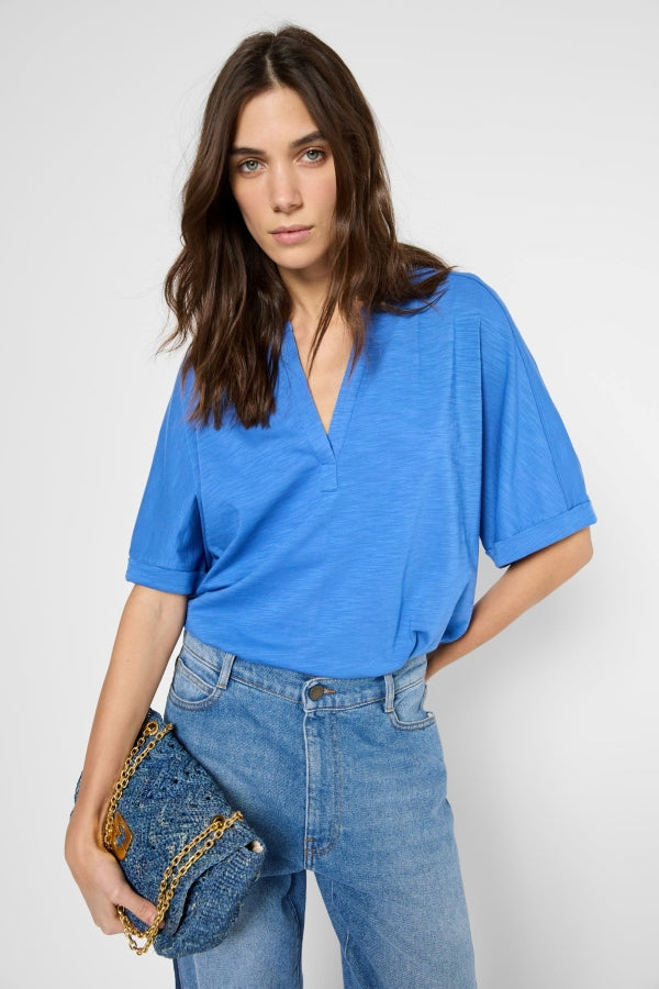 GIULIANA BLUE TUNISIAN COLLAR LOOSE T-SHIRT