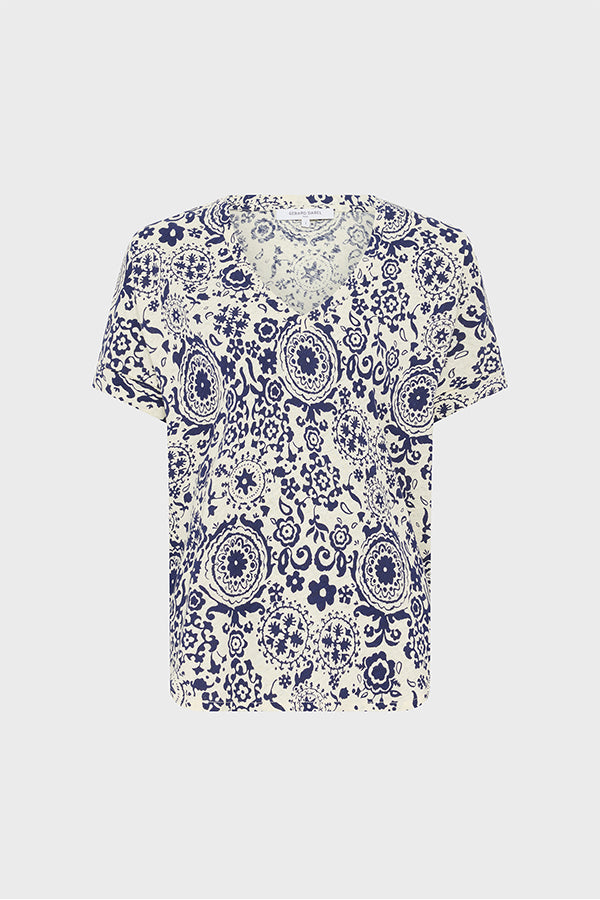 GRACIELLA ECRU PRINT V-NECK LINEN BLEND T-SHIRT