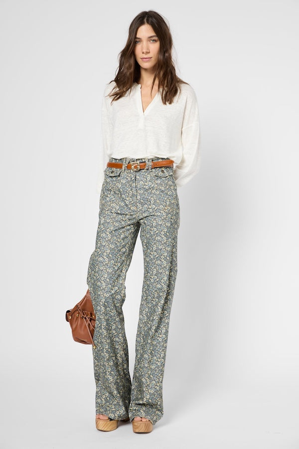 GRETTA ECRU TUNISIAN COLLAR LINEN T-SHIRT