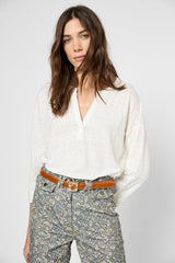 GRETTA ECRU TUNISIAN COLLAR LINEN T-SHIRT