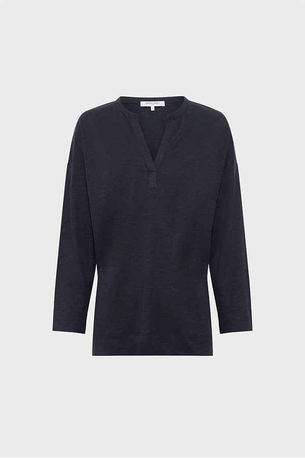 GRETTA NAVY TUNISIAN COLLAR LINEN T-SHIRT