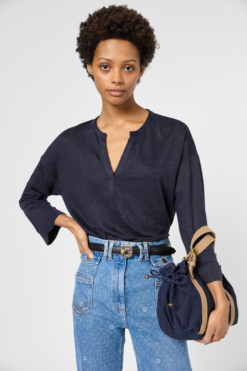 GRETTA NAVY TUNISIAN COLLAR LINEN T-SHIRT